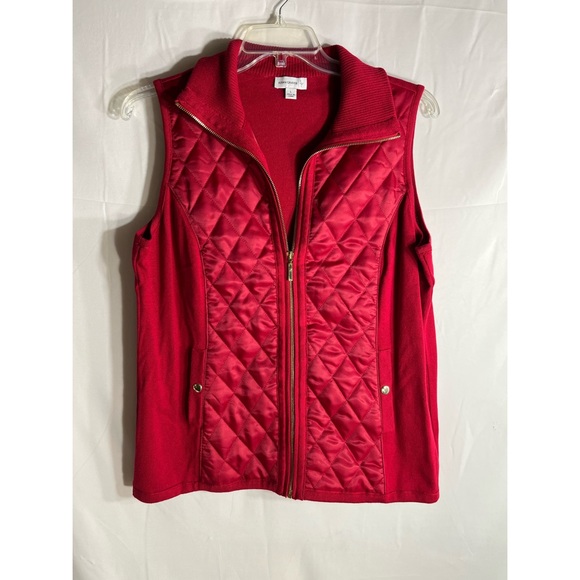 NWOT Susan Graver Red Quilted Vest Stretch Sides Full Gold Zip Snap Pocket Sz L - Picture 1 of 6